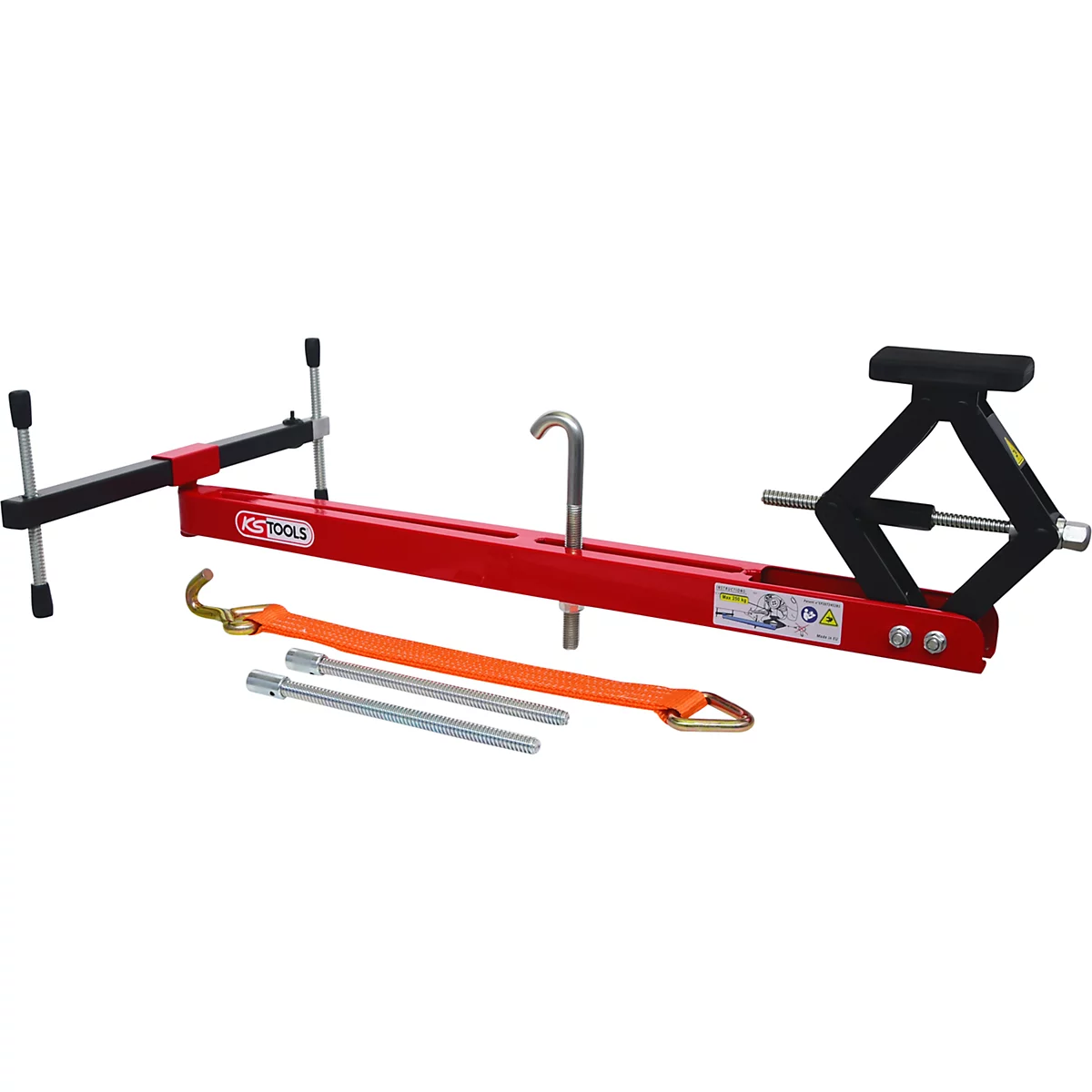 Ein rotes KS Tools Werkzeug für Fahrzeugreparaturen, mit schwarzem Hebel, Haken und orangefarbenem Gurt.